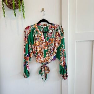 Rachel Zoe Floral Cropped Blouse Women's Size Small Long Sleeve Tie Back Top